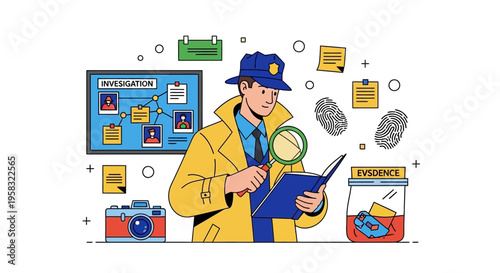 Detective Investigating Clues with Magnifying Glass and Notebook.