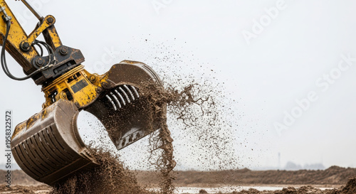 Heavy working equipment digging soil with excavator bucket lifting dirt and debris. Excavator operation includes powerful machinery lifting sand and rocks.
