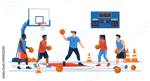 Diverse group of young people playing basketball on court.