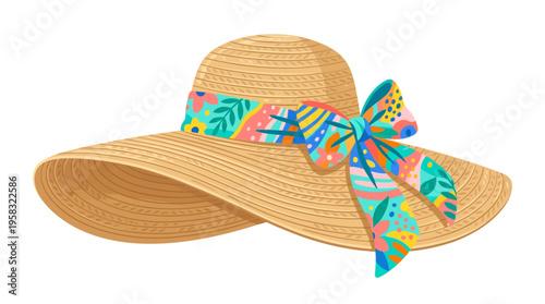Elegant Woven Straw Hat with Colorful Tropical Ribbon.