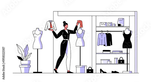 Fashion designer arranging clothes on mannequins in a studio.