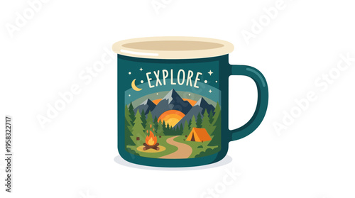 Enamel Camping Mug with Scenic Mountain Landscape Design.