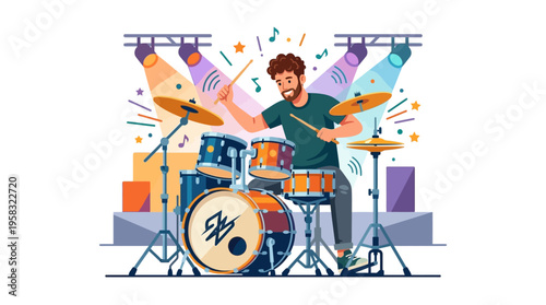 Energetic male drummer performing on stage with drum kit.