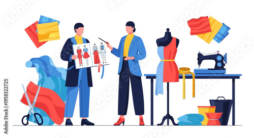 Fashion Designers Discussing Garment Designs.