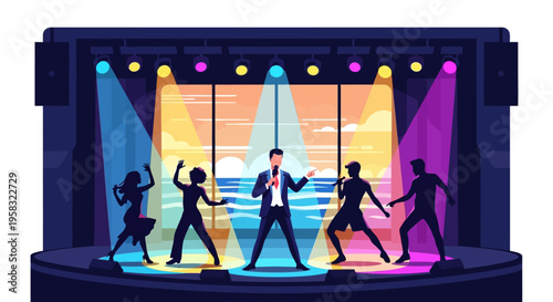 Energetic Stage Performance with Dancers and Singer.