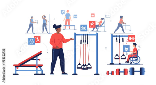 Diverse people engaged in fitness activities in a gym setting.