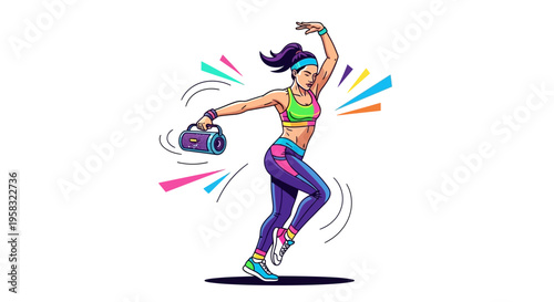 Energetic Woman Dancing with Boombox and Colorful Sound Waves.