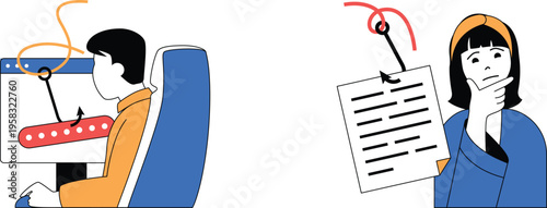 Distracted passengers struggling with in-flight entertainment and paperwork