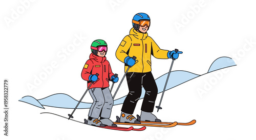 Father and child skiing down a snowy slope together.