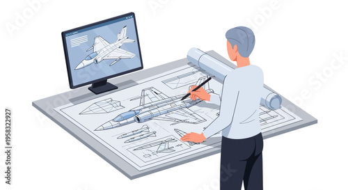 Engineer Designing Aircraft on Blueprint with Computer.
