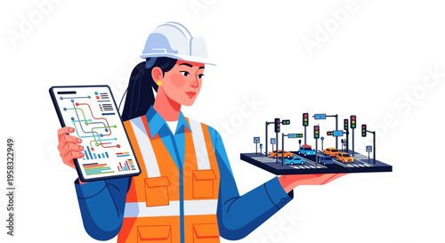 Female engineer holding tablet and miniature city model.