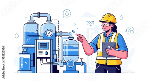 Female engineer inspecting industrial water treatment plant equipment.