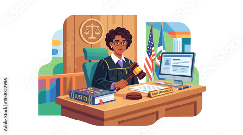 Female Judge Presiding Over Courtroom With Gavel.