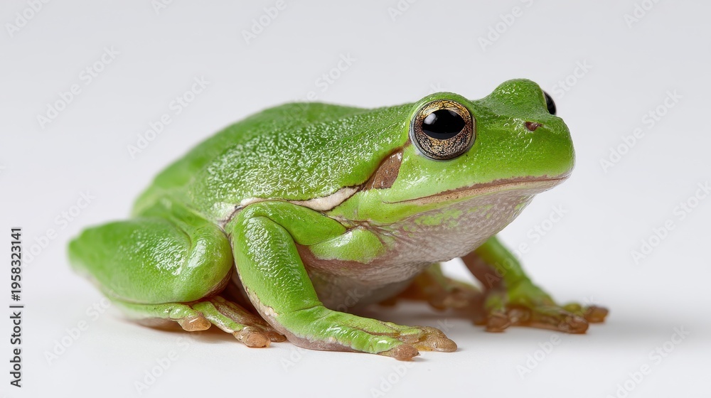 Obraz premium Macro shot of a single green tree frog against a clean white backdrop, crisp details and soft shadows