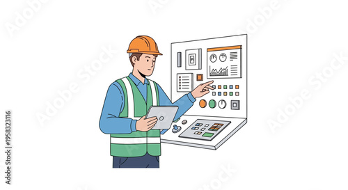 Engineer Inspecting Control Panel with Tablet.