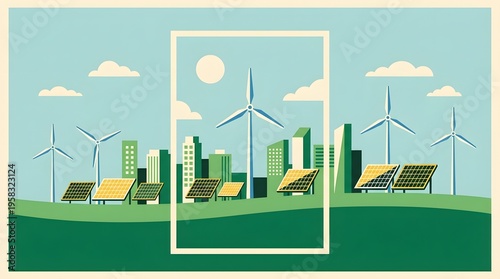 A sustainable city powered by renewable energy sources including wind turbines and solar panels against a bright sky
