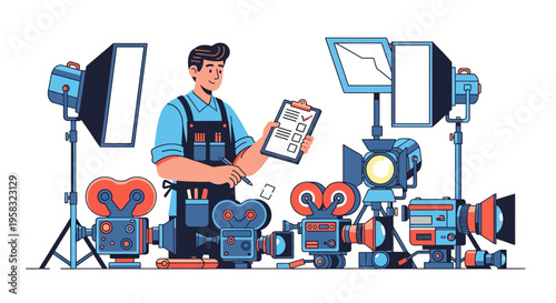 Filmmaker checking checklist with vintage cameras and lighting equipment.