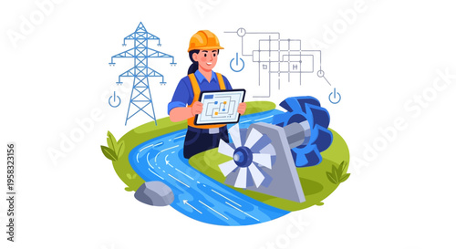 Engineer Inspecting Hydroelectric Turbine with Tablet.