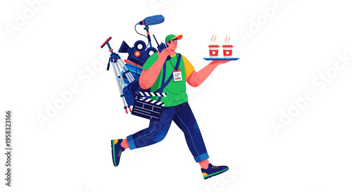 Filmmaker carrying equipment and drinks on the go.