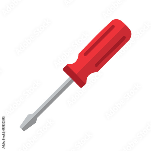 Red handled flat head screwdriver tool for repair and construction