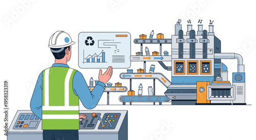 Engineer overseeing automated recycling plant operations on digital display.