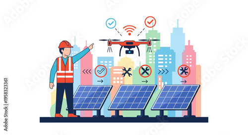 Engineer Inspecting Solar Panels with Drone Technology.