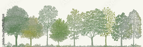 Minimal CAD Tree Line Drawing, Architectural Landscape Design Elements, Side View Forest Section, Wildlife Outline Symbols, Clean Vector Illustration in White Stroke Fill for Urban Planning Projects