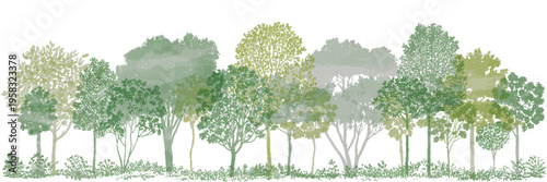 Minimal CAD Tree Line Drawing, Architectural Landscape Design Elements, Side View Forest Section, Wildlife Outline Symbols, Clean Vector Illustration in White Stroke Fill for Urban Planning Projects