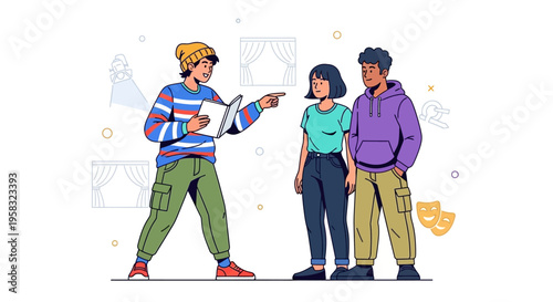 Director guiding actors on set with script.