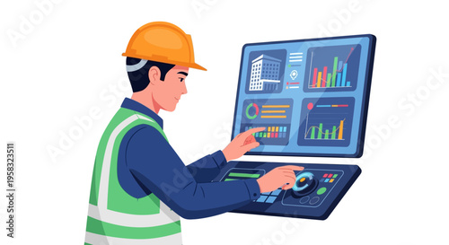 Engineer Interacting with Advanced Digital Control Panel and Data Displays.