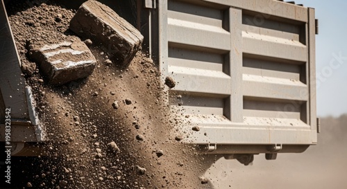 Construction truck unloading gravel and dirt at construction site. Unloading process involves heavy machinery delivering gravel and dirt.