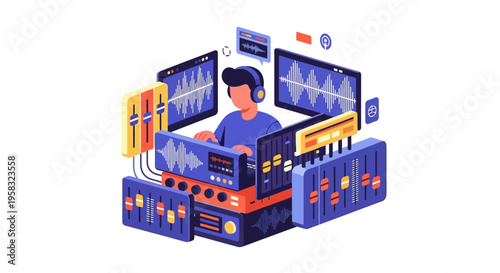 DJ mixing music with professional audio equipment and screens.