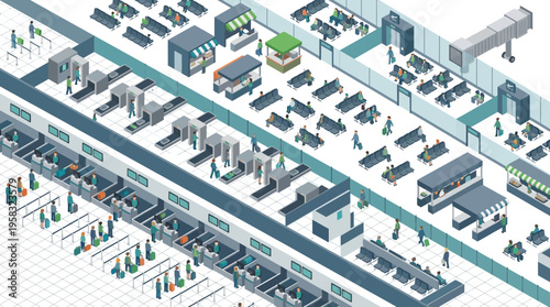 A busy airport terminal interior: isometric illustration of travelers moving through check-in, security, and waiting areas.