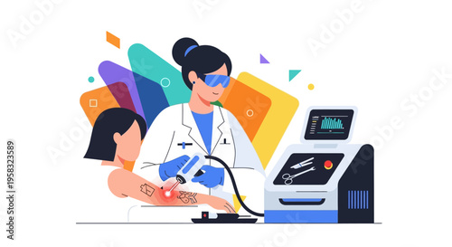 Doctor performing laser treatment on patients arm.