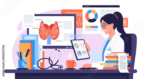 Doctor analyzing thyroid gland on computer screen.