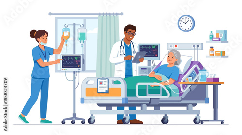 Doctor and nurse caring for elderly patient in hospital room.