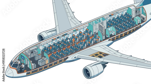 Detailed Isometric Illustration of a Commercial Aircraft's Interior Cross-Section, Highlighting Passenger Cabin and Cockpit Layout