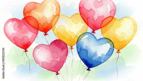 Watercolor Heart Balloons Illustration, Romantic and Colorful Floating Hearts Artwork, Hand-Painted Style, Perfect for Love