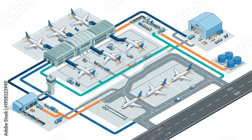 Detailed isometric illustration visualizing complex airline operations and interconnected logistics at a modern international airport hub.