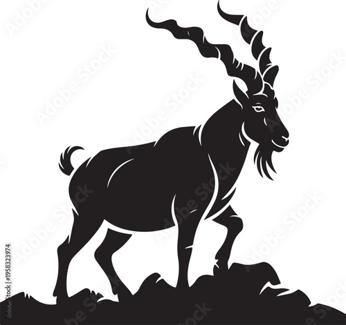 Silhouette of a Markhor Goat with Magnificent Horns on Rocky Terrain