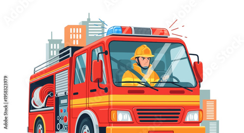 Firefighter driving a red fire truck with flashing lights.