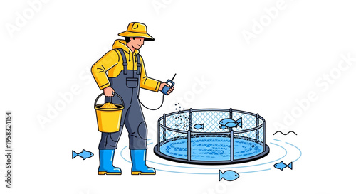 Fisherman tending to fish farm cage with equipment.