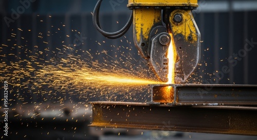 Industrial cutting equipment creating sparks while working on steel material in construction site. Heavy working equipment shows powerful sparks and precision in action.