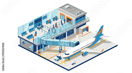 Isometric illustration: travelers at a modern airport terminal boarding gate, airplane connected, preparing for international departure.