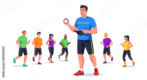 Fitness coach timing athletes during outdoor running session.