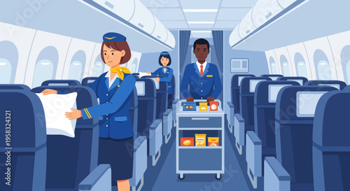 Flight attendants serving passengers on airplane cabin.