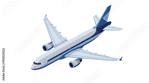 Isometric modern commercial airplane illustration, depicting air travel, swift transportation, and international journeys in the sky.