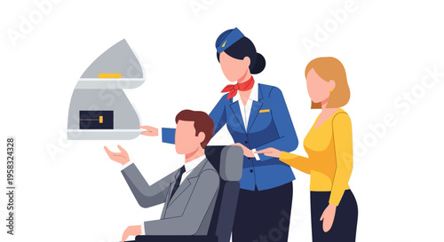Flight attendant serving passengers on airplane.