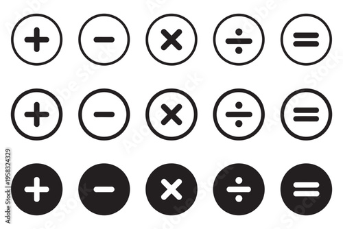 Addition subtraction division multiplication equality symbols set, mathematical icon collection, round plus minus multiply divide equal signs, flat line art