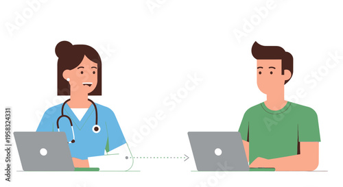 Doctor and patient interacting online with laptops.